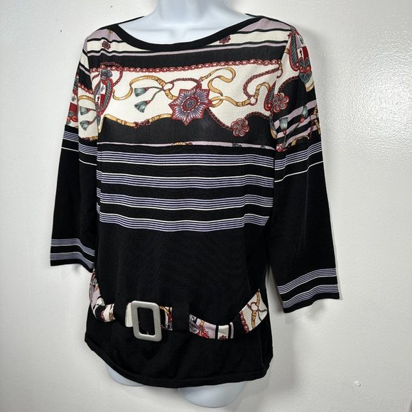 Feratelli Womens Medium Blouse Belted Art Stretch Black 3/4 Sleeves Striped - Picture 2 of 16